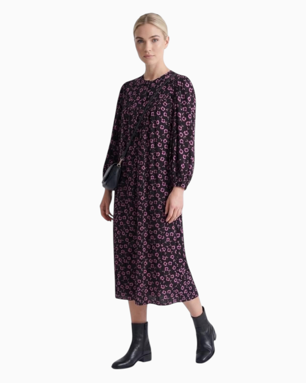 Thrift N Gift long sleeve midi dress in black with pink floral print, featuring a tiered skirt and round neckline.