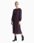 Thrift N Gift long sleeve midi dress in black with pink floral print, featuring a tiered skirt and round neckline.