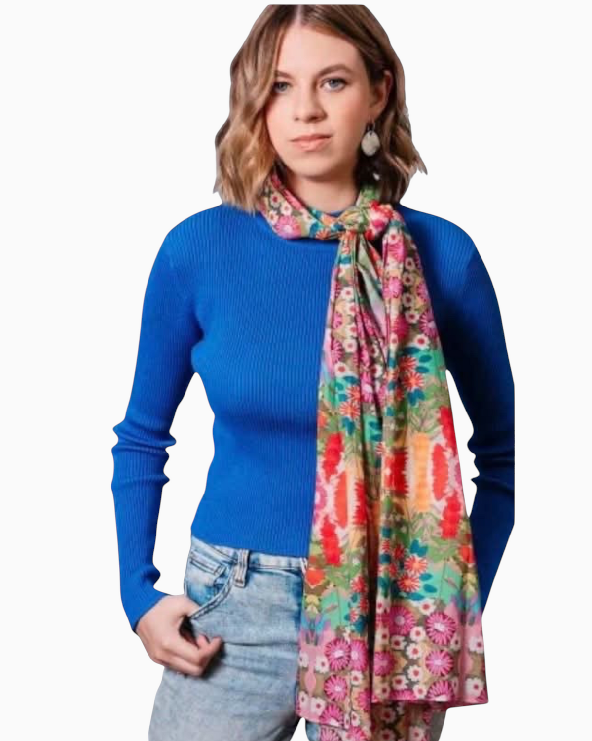 Thrift N Gift lightweight floral scarf in pink, orange, and green worn knotted around the neck by a woman