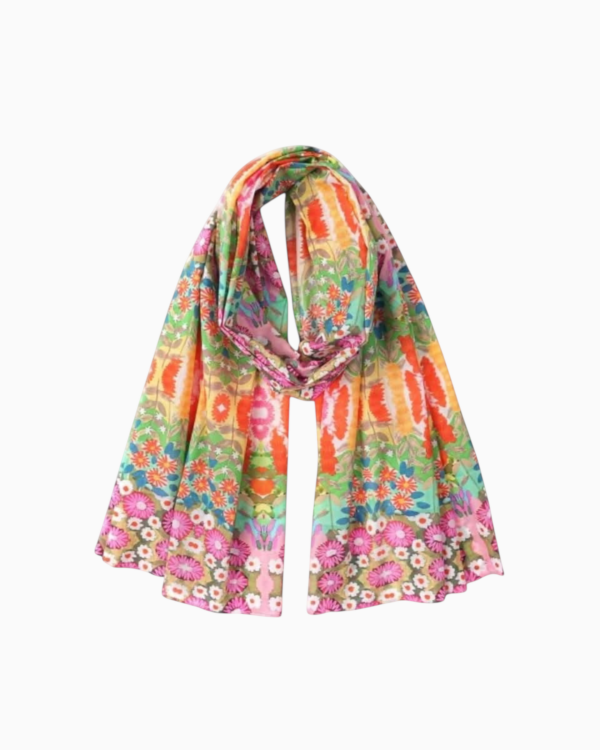 Thrift N Gift lightweight floral scarf featuring vibrant pink, orange, green, and teal patterns on soft fabric.