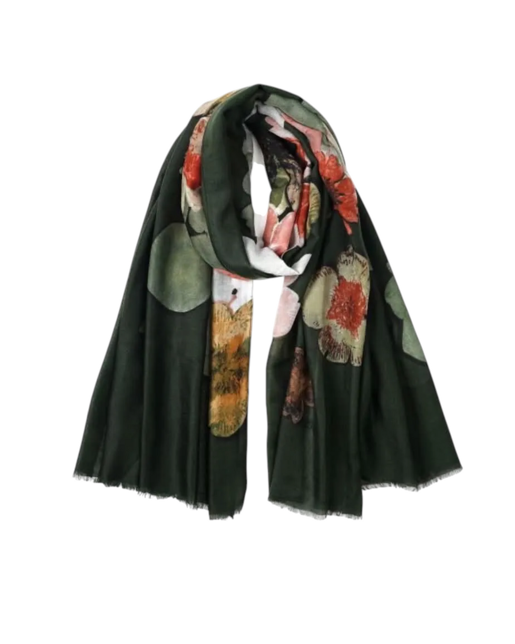 Thrift N Gift lightweight fashion scarf featuring a botanical floral print in deep green, orange, and soft neutral tones
