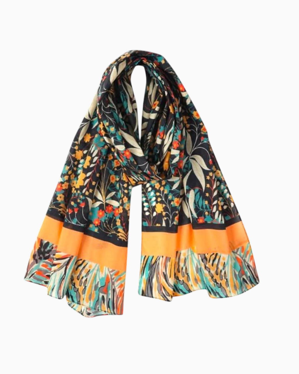 Thrift N Gift lightweight scarf with dark floral print, orange border, and teal and gold botanical accents.