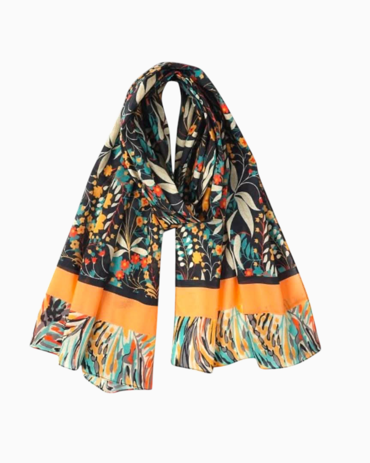 Thrift N Gift lightweight scarf with dark floral print, orange border, and teal and gold botanical accents.