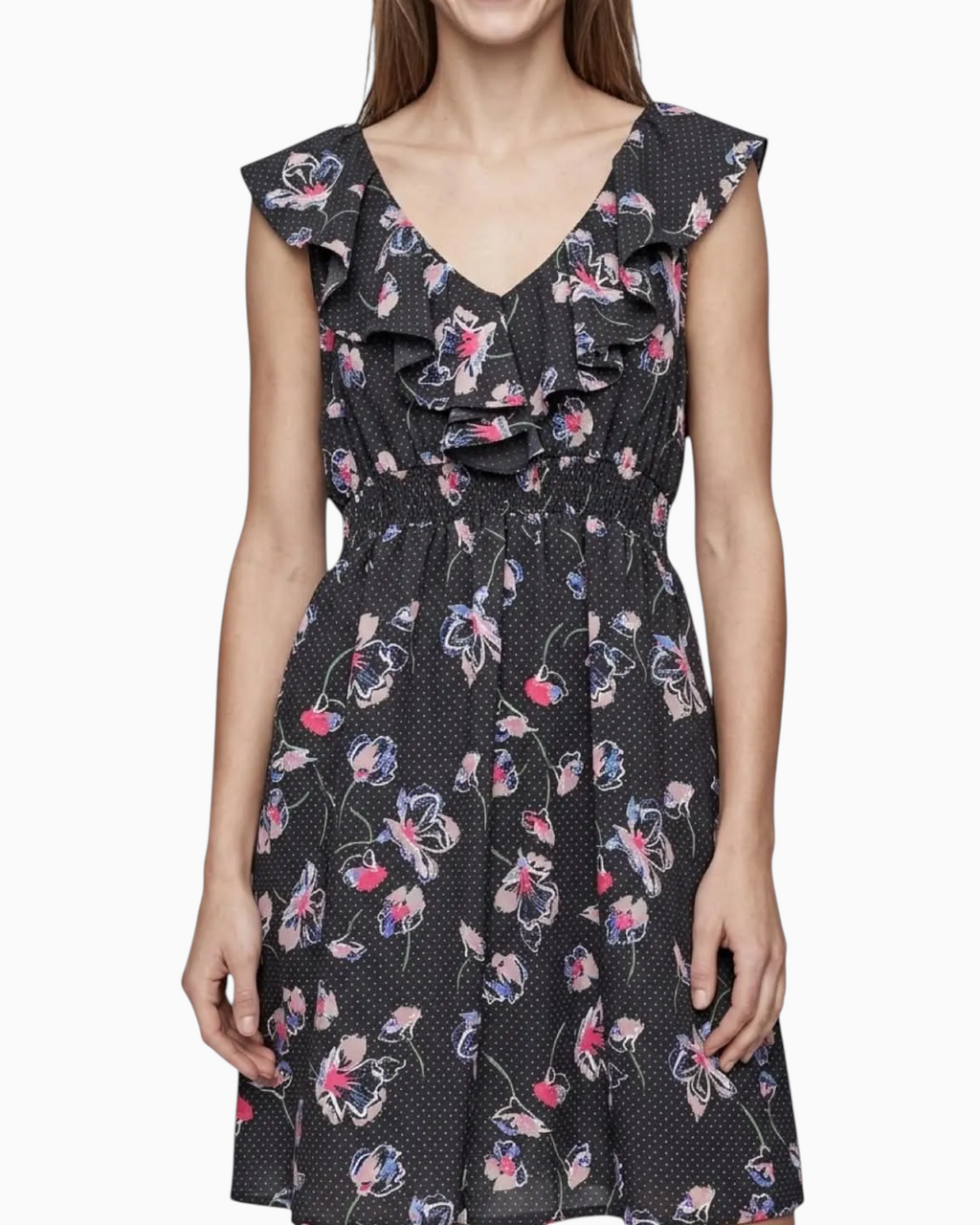 Thrift N Gift sleeveless mini dress in black with pink and blue floral print, featuring ruffled V-neck and waist.
