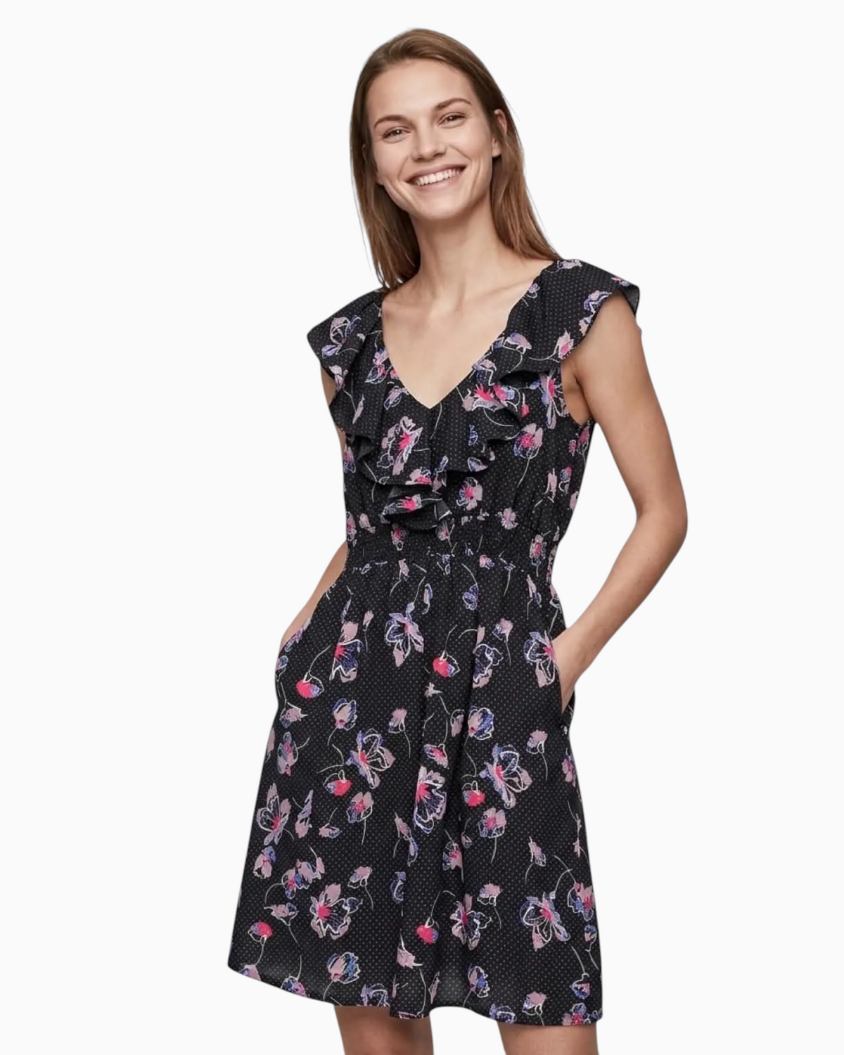 Thrift N Gift sleeveless mini dress in black with pink and blue floral print, ruffled V-neck, and side pockets.
