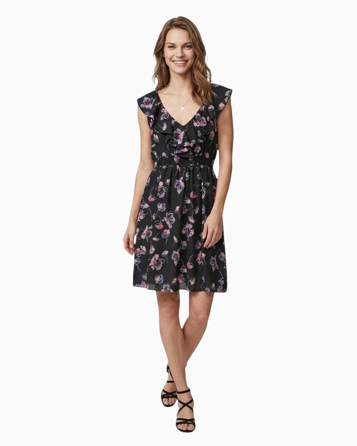 Thrift N Gift floral print mini dress with ruffle sleeves, V-neckline, and elastic waist on a smiling model.
