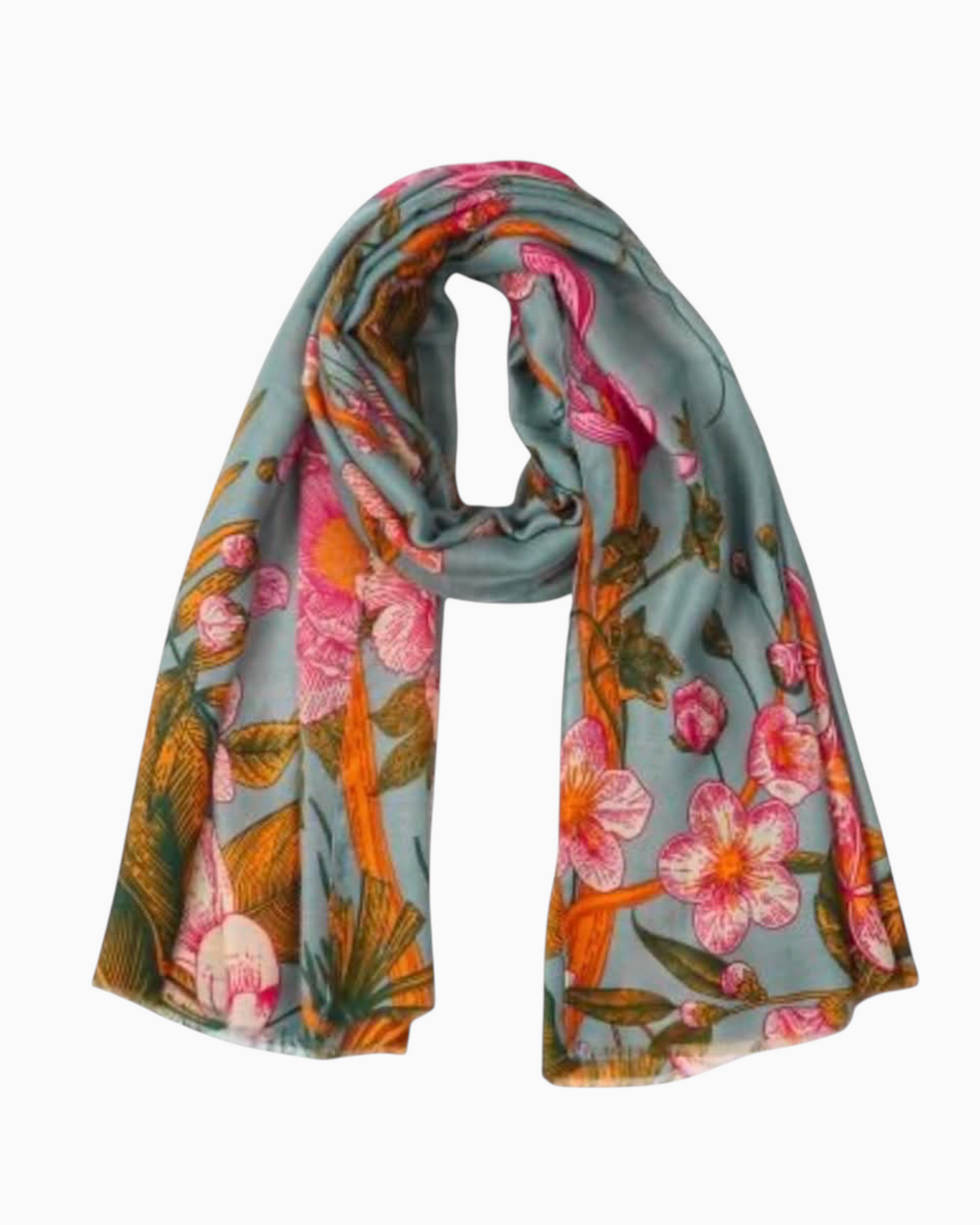 Thrift N Gift lightweight sage green scarf featuring vibrant pink floral blossoms and amber branch patterns.