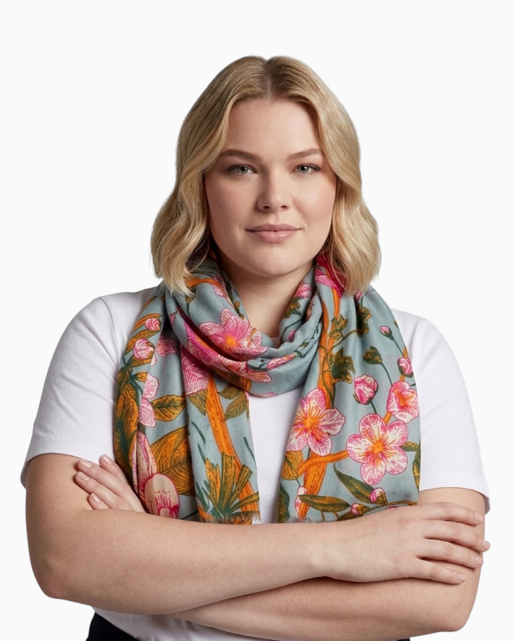 Thrift N Gift sage green lightweight scarf with pink floral and amber branch print worn by a blonde woman