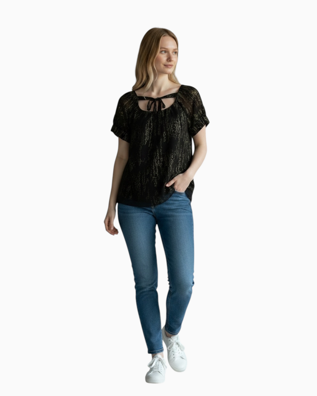 Thrift N Gift Gap black and gold sheer layered blouse with tie-neck detail worn by a model with blue jeans
