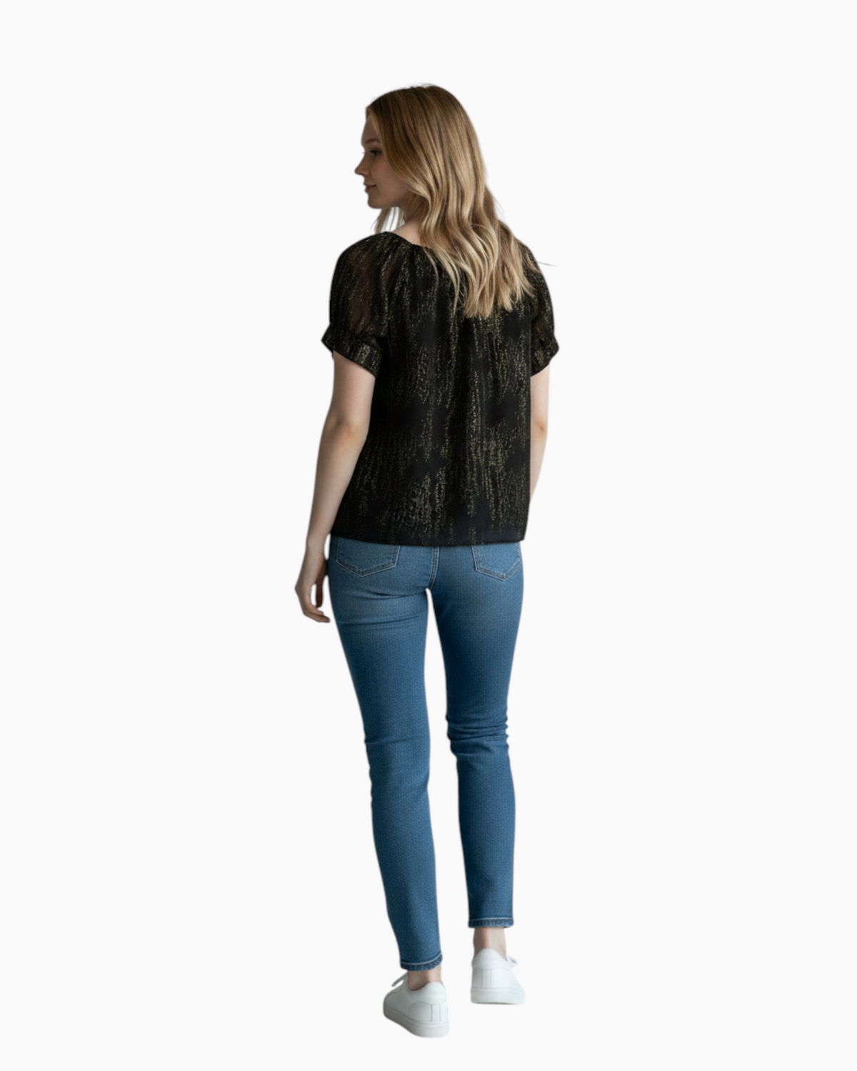 Thrift N Gift Gap black and gold sheer short sleeve blouse worn by a model with blue jeans and white sneakers