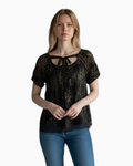 Thrift N Gift Gap black and gold sheer layered short sleeve blouse worn by a model with blue jeans and white sneakers