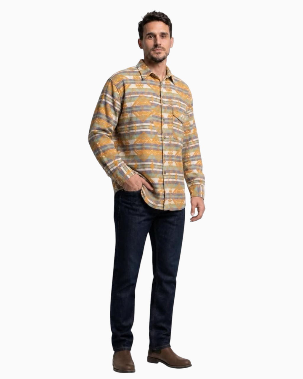 Thrift N Gift long sleeve button down shirt with geometric southwestern pattern in mustard, teal, and grey on a model