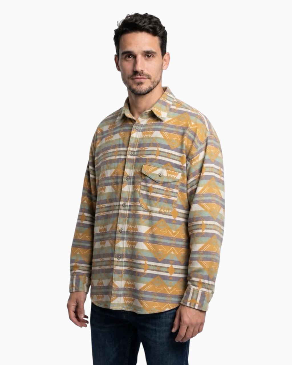 Thrift N Gift long sleeve button-down shirt featuring a geometric southwestern print in mustard, teal, and grey.
