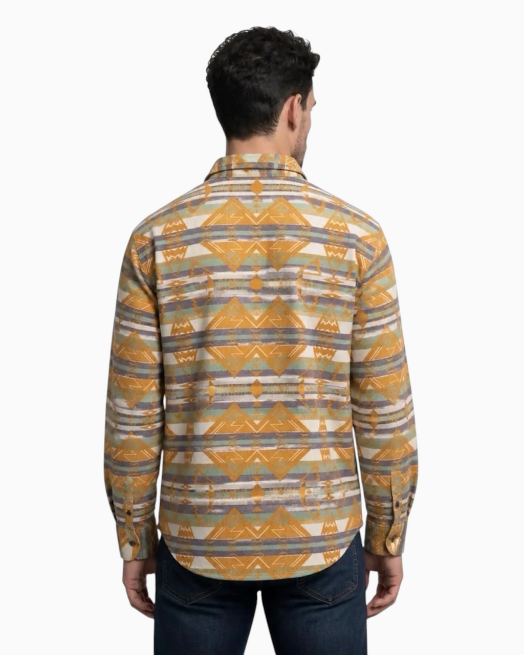 Back view of a man wearing a Thrift N Gift long sleeve button down shirt with a geometric southwestern pattern.