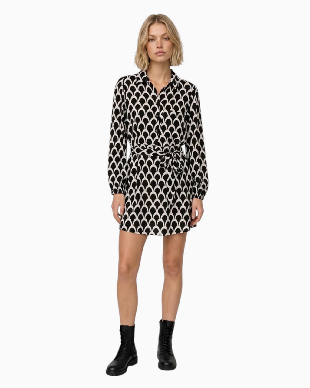 Thrift N Gift long sleeve shirt dress in black and cream geometric fan print with a tie waist and button-down front.