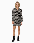 Thrift N Gift long sleeve shirt dress in black and cream geometric fan print with a tie waist and button-down front.