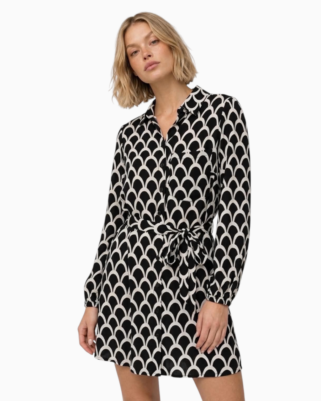 Thrift N Gift long sleeve shirt dress in black and cream geometric fan print with a tie waist and button-down front.