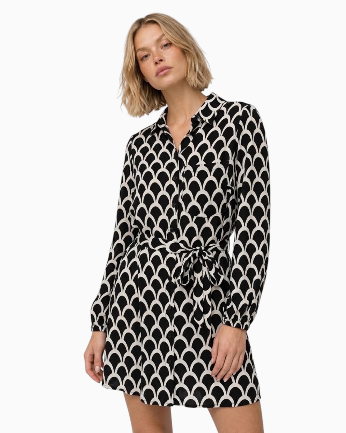 Thrift N Gift long sleeve shirt dress in black and cream geometric fan print with a tie waist and button-down front.