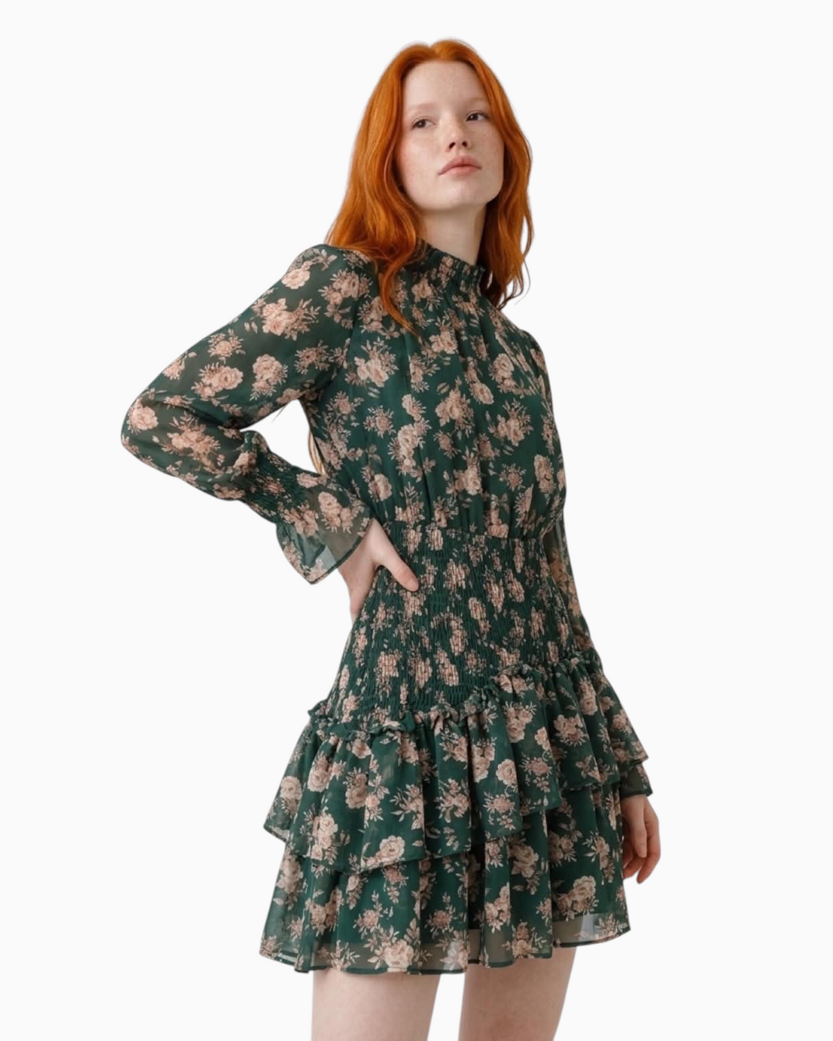 Thrift N Gift forest green chiffon mini dress with long sleeves, high neck, and vintage blush floral print.