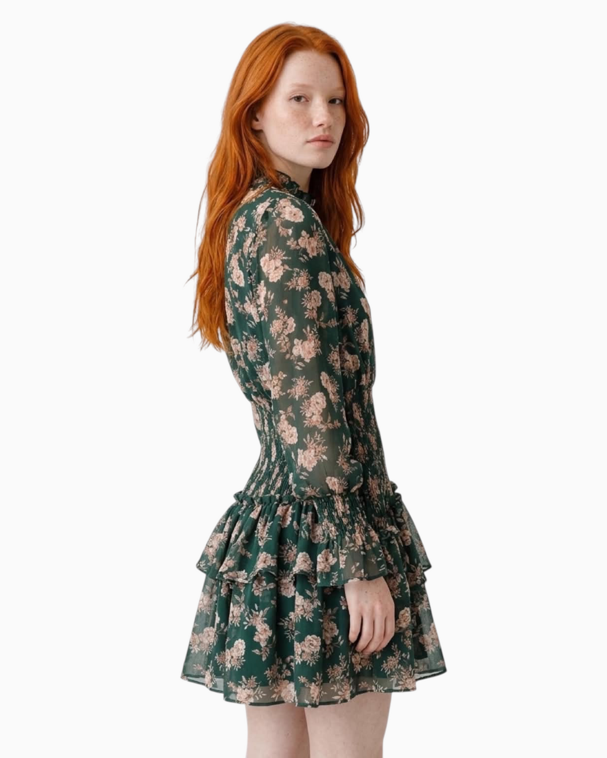 Thrift N Gift forest green chiffon mini dress with long sleeves, floral print, and a smocked ruffled waist.