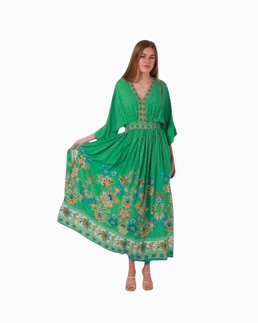 Thrift N Gift Dreamcatcher Catalina boho maxi dress in vibrant green paisley print with a V neckline and silky fabric.