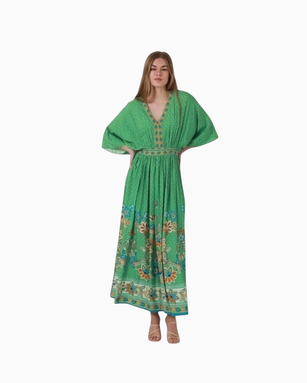 Thrift N Gift Dreamcatcher Catalina boho maxi dress in green paisley print with V-neck and silky viscose blend fabric