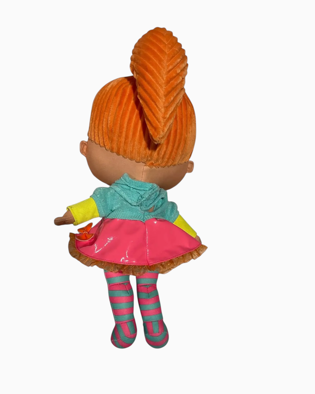 Back view of Thrift N Gift Lalaloopsy plush doll with orange hair, pink skirt, and striped leggings.