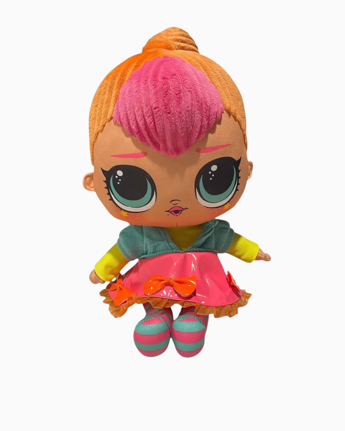 Thrift N Gift Lalaloopsy plush fashion doll with orange and pink hair, colourful skirt, and striped leggings.