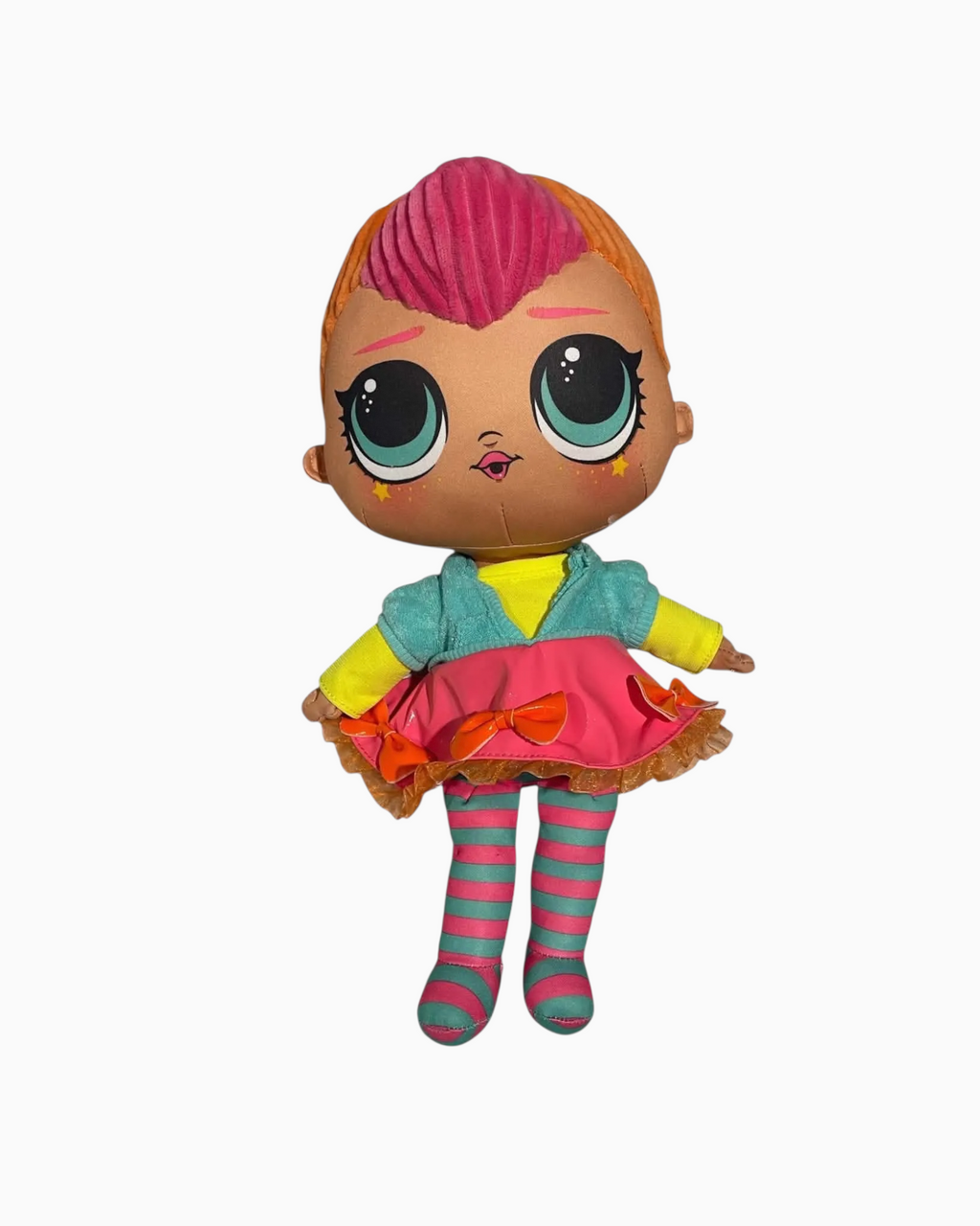 Thrift N Gift Lalaloopsy plush doll with pink hair, teal jacket, pink skirt, and striped leggings on white background