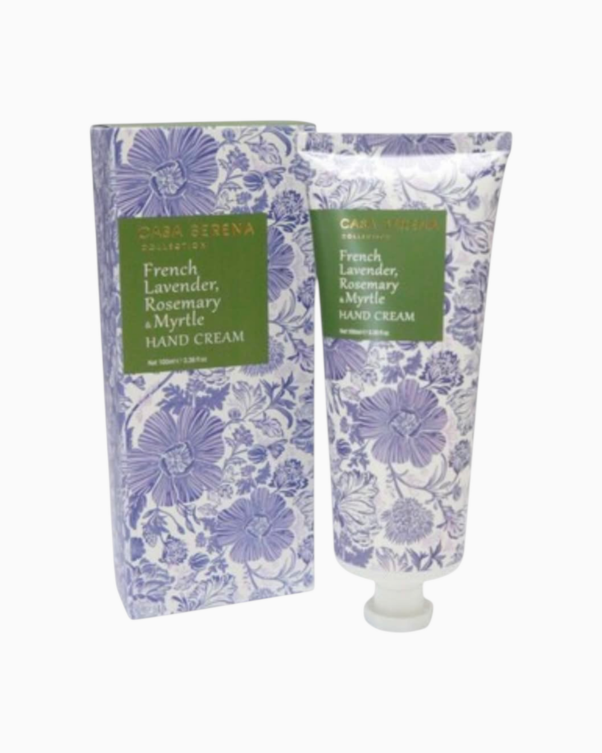 Thrift N Gift Casa Serena French Lavender, Rosemary and Myrtle hand cream in floral packaging with matching box.