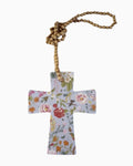 Thrift N Gift Lavida ceramic cross featuring a colorful botanical garden floral print and hanging wooden beads