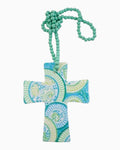 Thrift N Gift Lavida ceramic cross wall hanging featuring a colourful Mediterranean print and hanging turquoise beads.