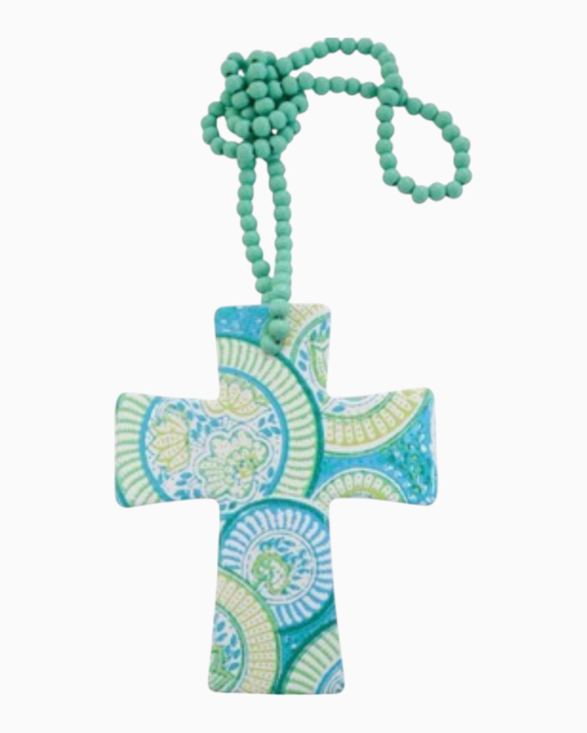 Thrift N Gift Lavida ceramic cross wall hanging featuring a colourful Mediterranean print and hanging turquoise beads.