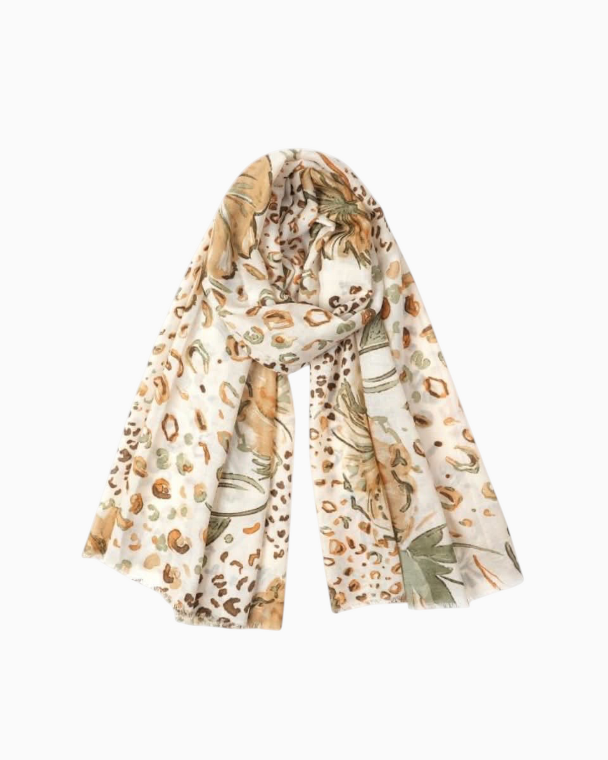 Thrift N Gift lightweight scarf featuring a neutral leopard print pattern with soft earth tones and frayed edges.