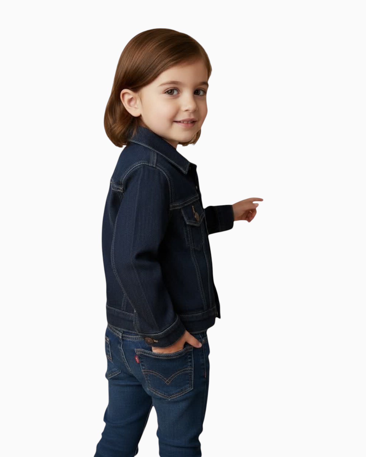 Thrift N Gift Levis dark denim jacket on a child, featuring brass buttons and chest pockets.