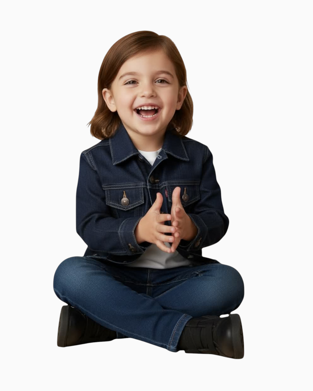 Thrift N Gift Levis dark denim jacket on a smiling child wearing a white t-shirt and jeans