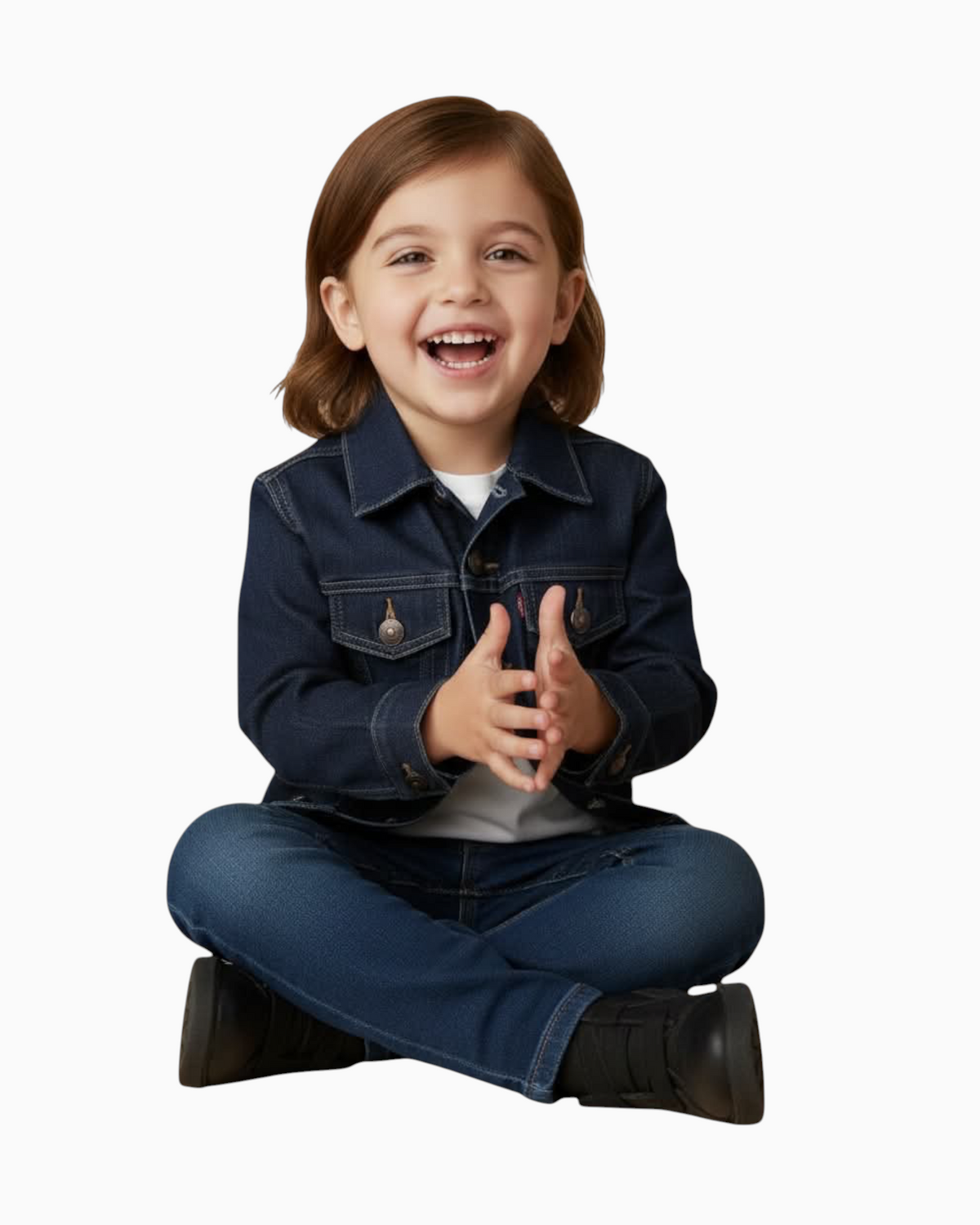 Thrift N Gift Levis dark denim jacket on a smiling child wearing a white t-shirt and jeans