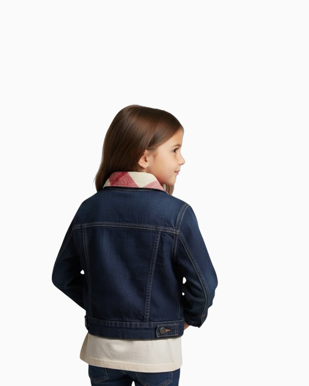 Thrift N Gift Levis dark denim jacket on a child showing the red checked collar detail from the back