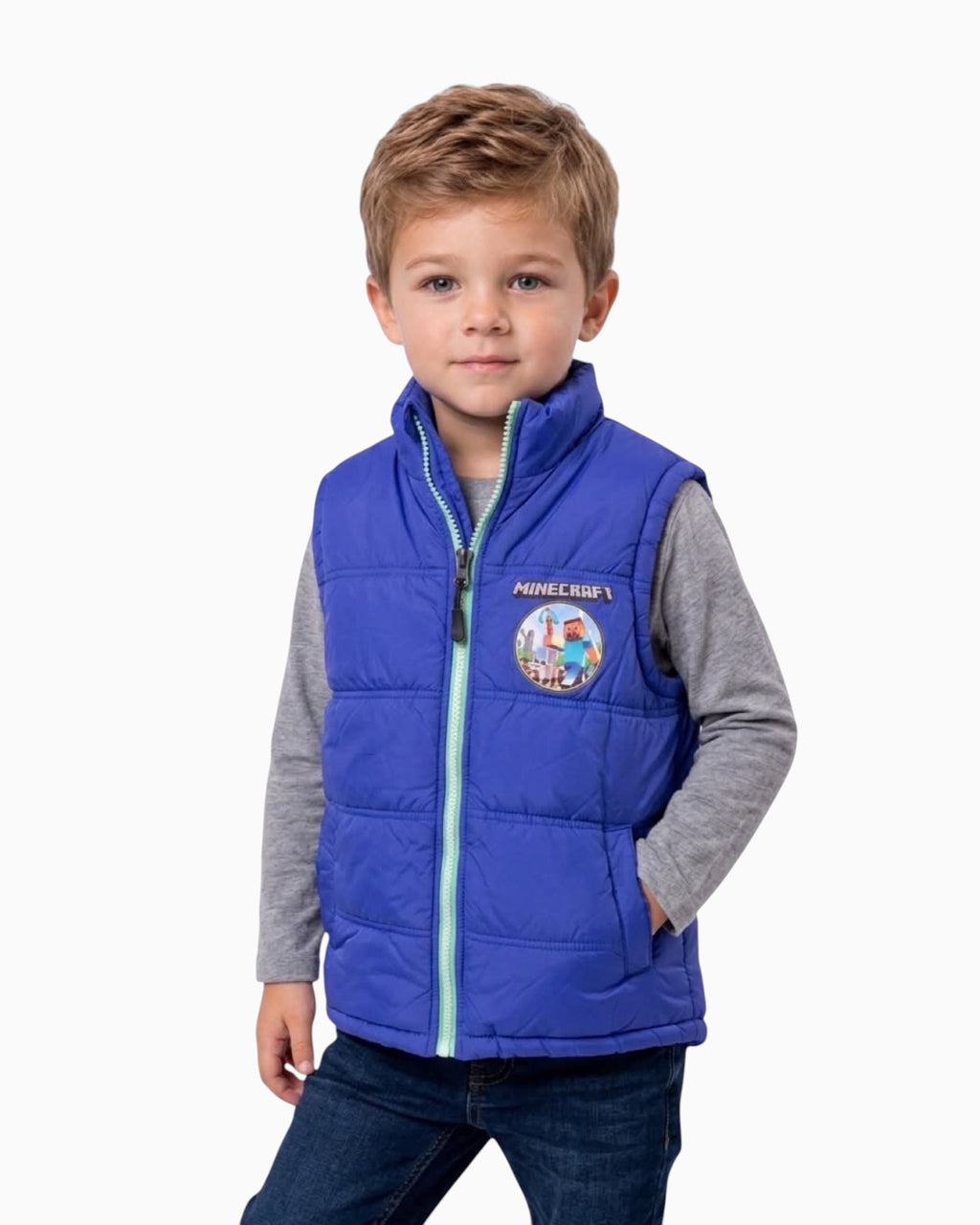 Thrift N Gift Minecraft boys blue puffer vest with front zipper, chest logo, and pockets worn by a young boy