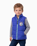 Thrift N Gift Minecraft boys blue puffer vest with front zipper, chest logo, and pockets worn by a young boy