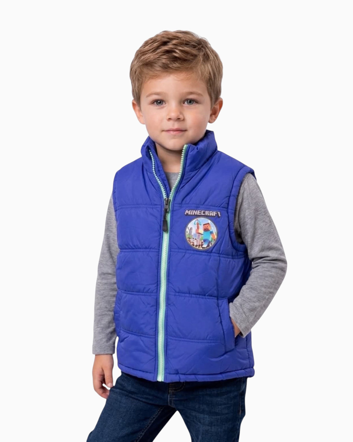 Thrift N Gift Minecraft boys blue puffer vest with front zipper, chest logo, and pockets worn by a young boy