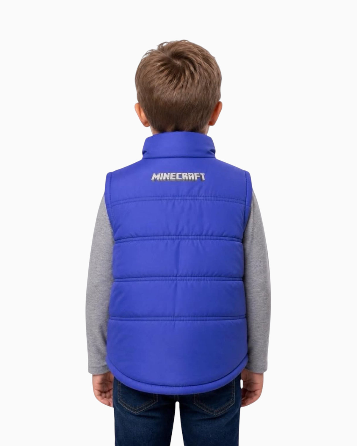Thrift N Gift Minecraft boys blue puffer vest with logo print on back worn by a child