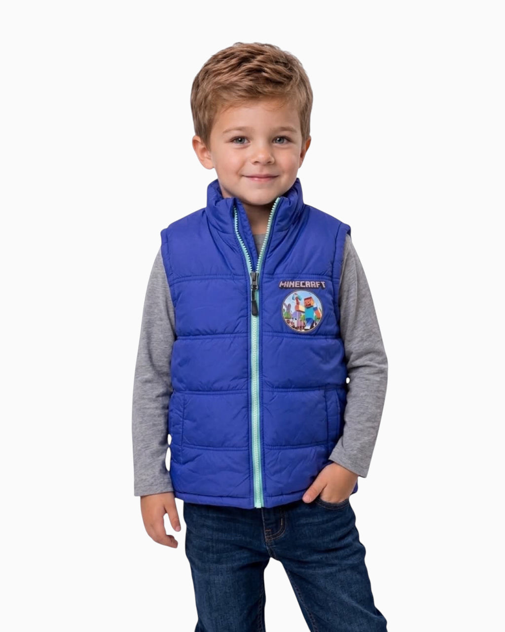 Thrift N Gift Minecraft boys blue puffer vest with front zipper and logo patch worn by a young boy