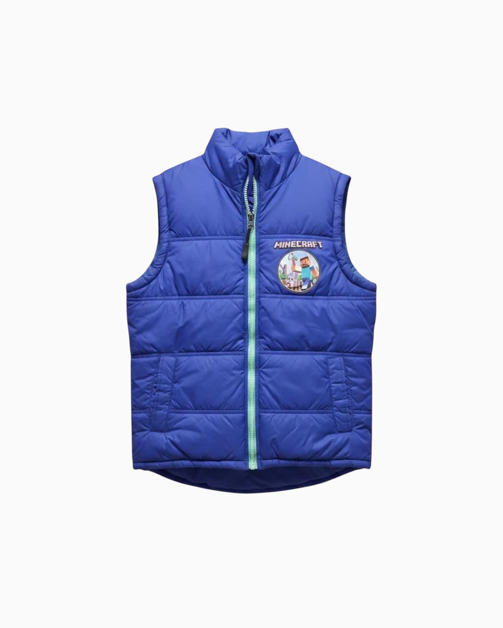 Thrift N Gift Minecraft boys blue polyester puffer vest with full front zipper and chest logo patch