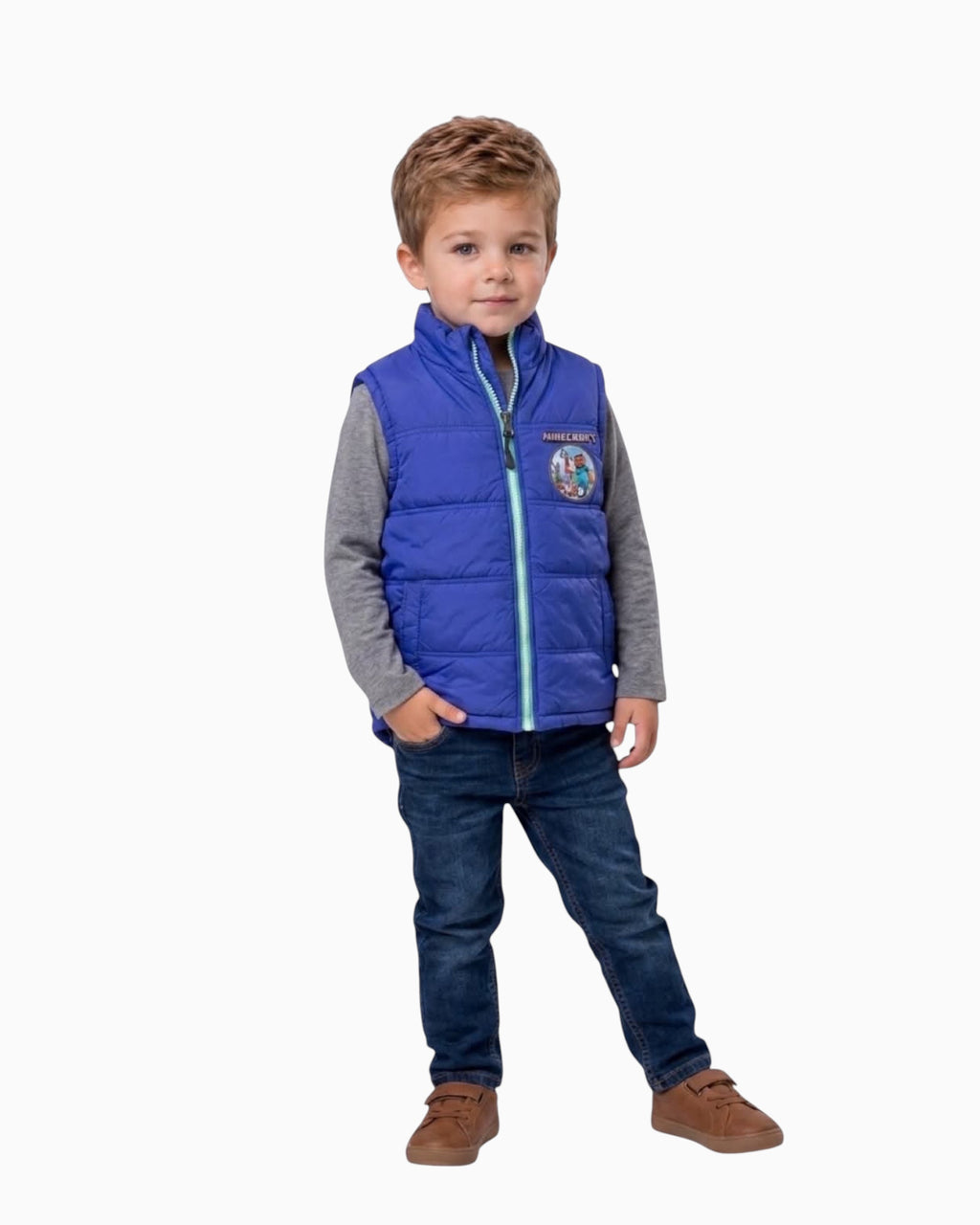 Thrift N Gift Minecraft boys blue polyester puffer vest with full zipper and chest logo worn by a young boy
