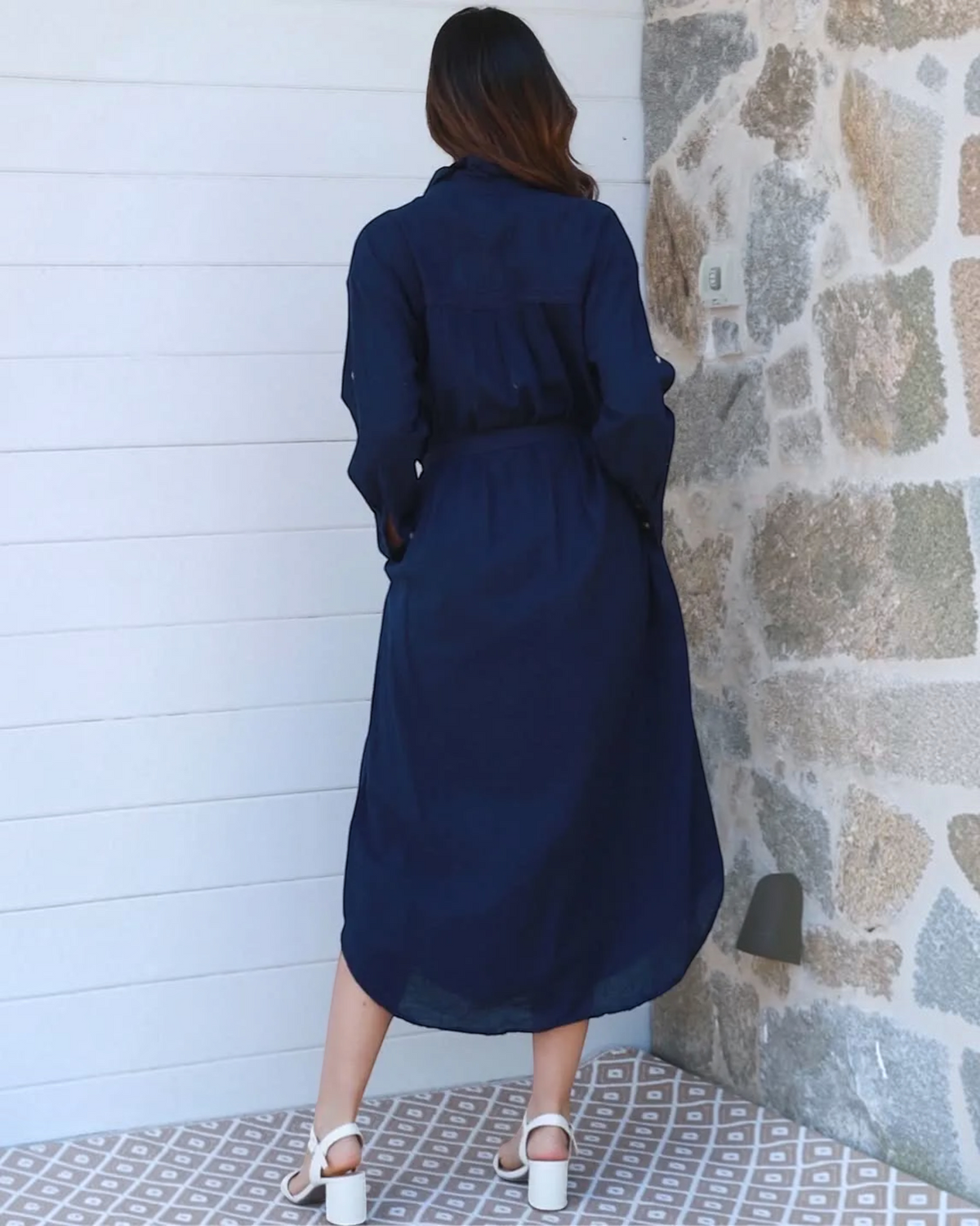 Thrift N Gift navy blue midi shirt dress with long sleeves and tie waist, worn by a woman with white block heels.