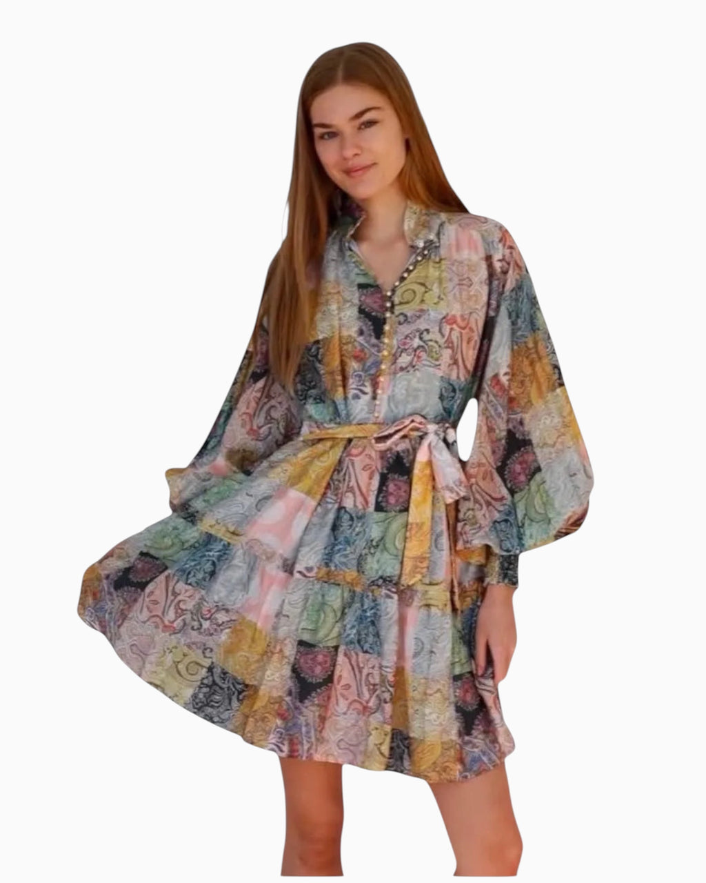 Model wearing a Thrift N Gift Charlotte The Label boho patchwork mini dress with balloon sleeves and a tie waist belt.