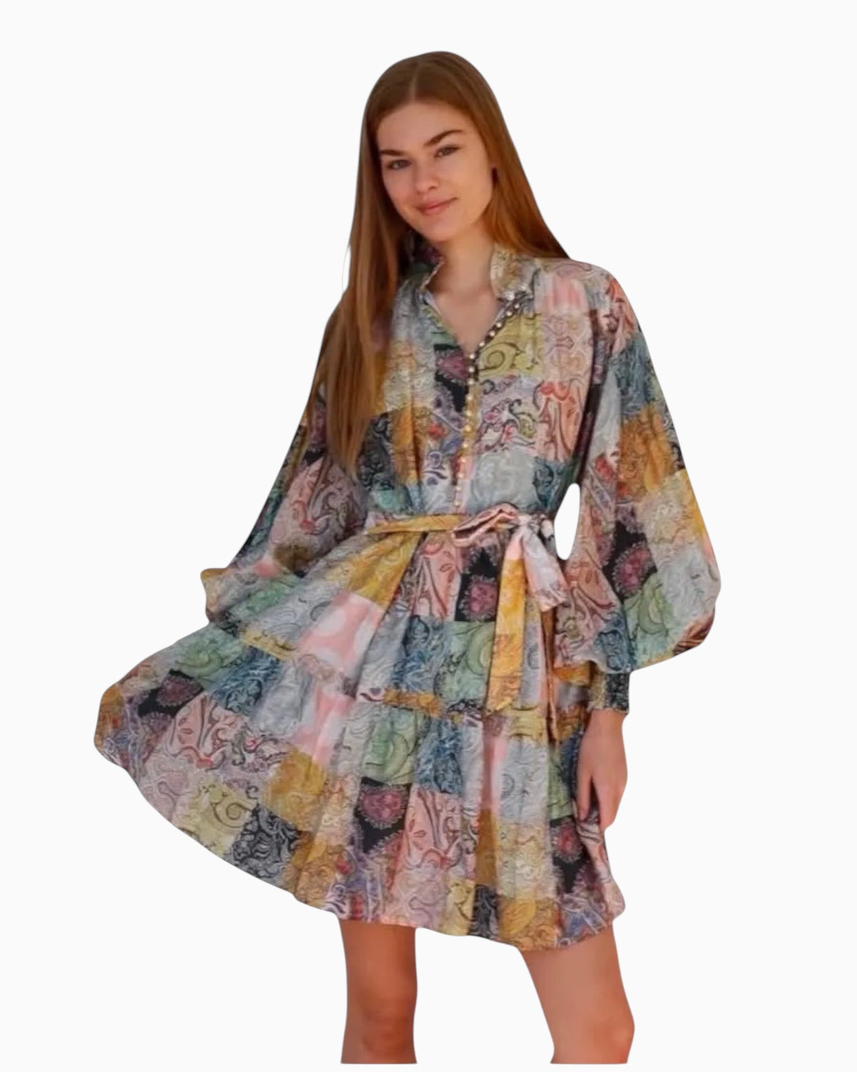 Model wearing a Thrift N Gift Charlotte The Label boho patchwork mini dress with balloon sleeves and a tie waist belt.