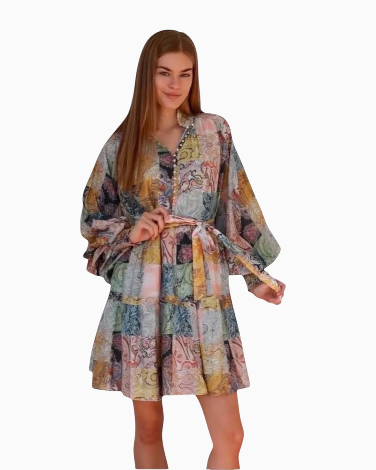 Model wearing a Thrift N Gift Charlotte The Label boho patchwork mini dress with balloon sleeves and a tie waist belt.