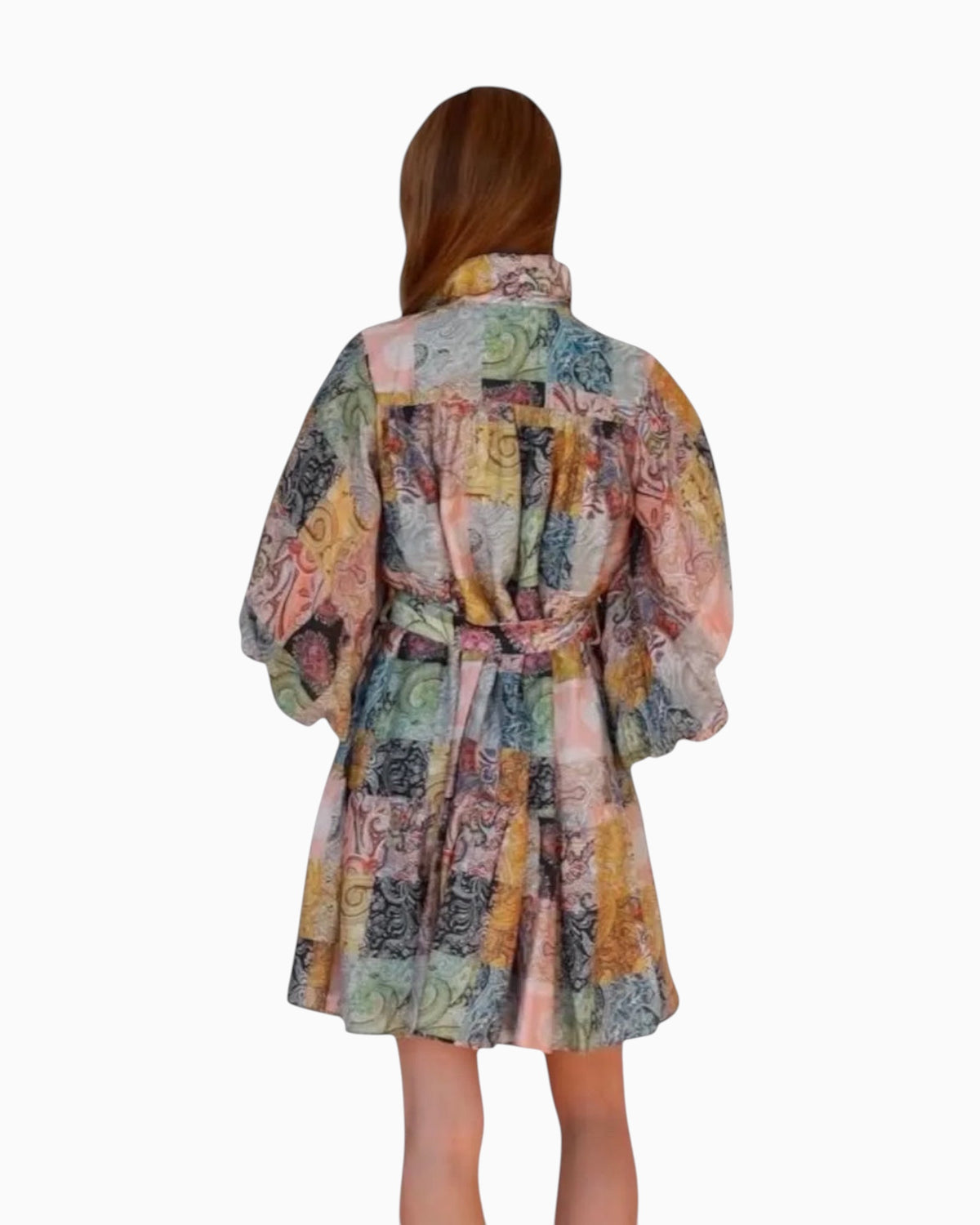 Back view of a Thrift N Gift Charlotte The Label boho patchwork mini dress with balloon sleeves and a tie waist belt.